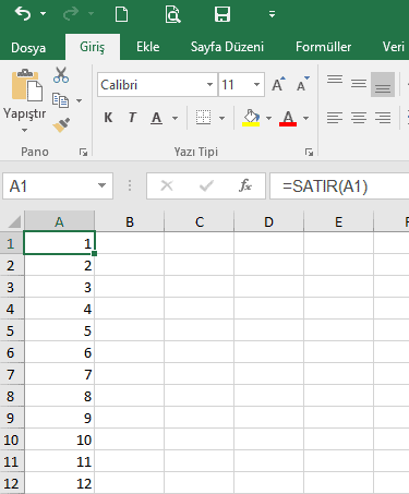 Excel satır numaralandırma